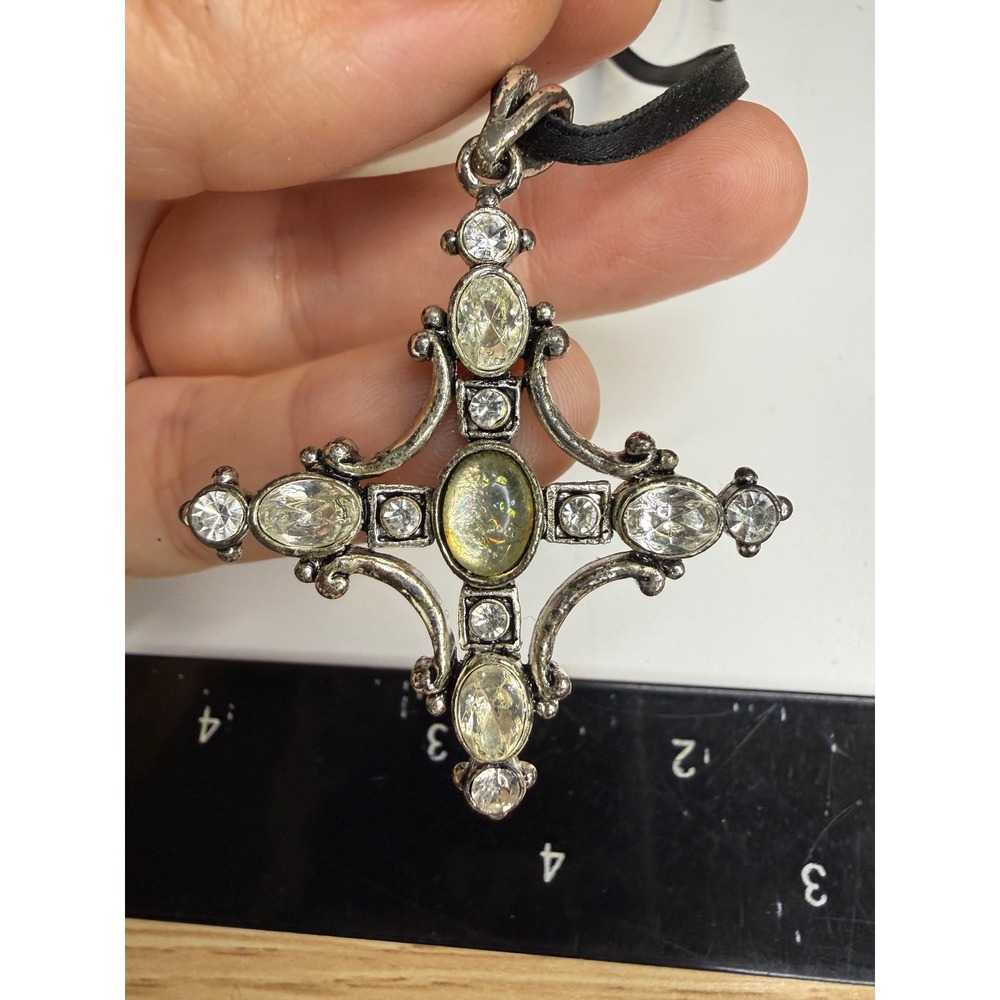 Anne Klein Crystal Cross Pendant Necklace Silver Tone Black Cord Gothic AK